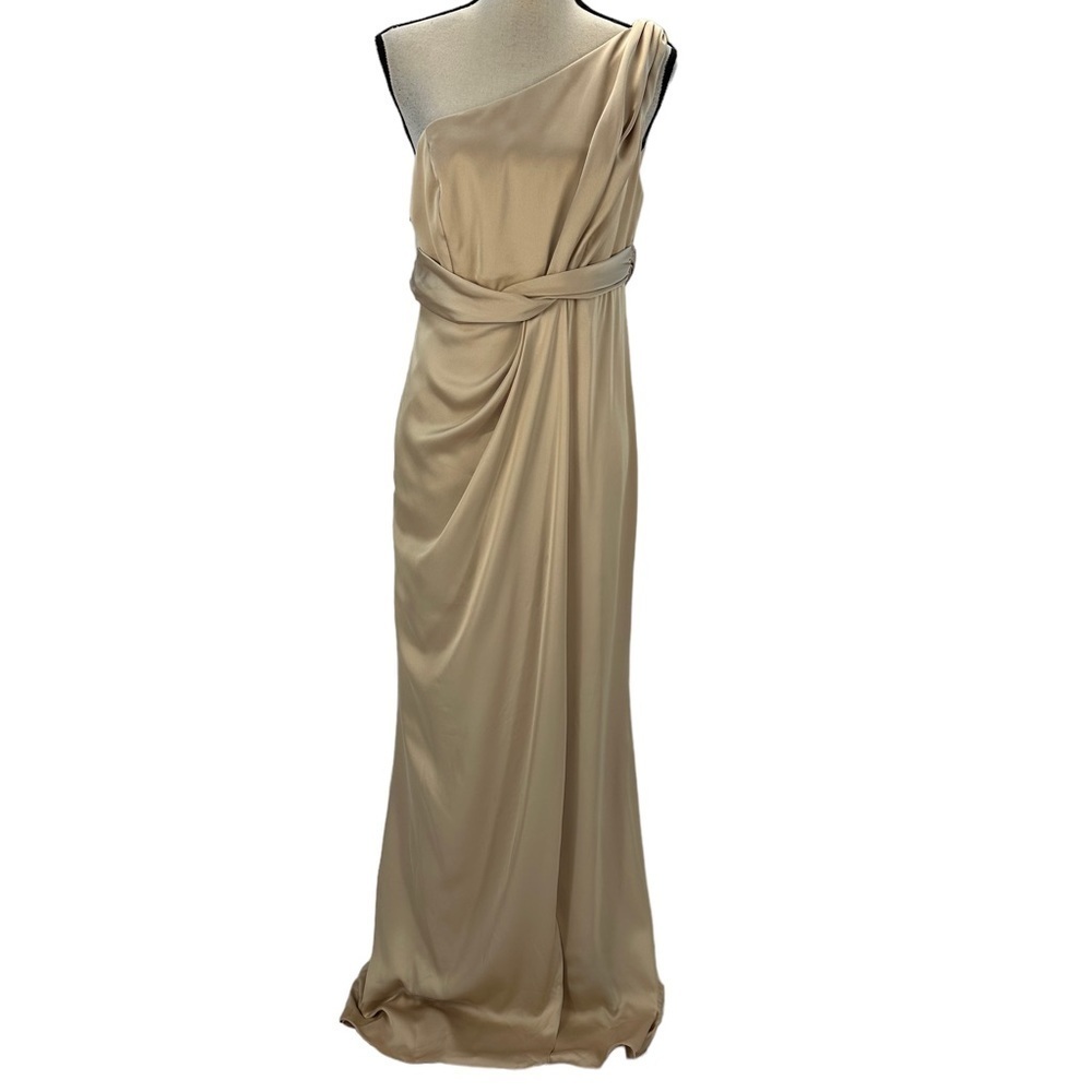 Dessy Collection Vivian Diamond One Shoulder Satin Gown - Cream Beige - size 8